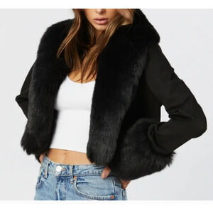 SHACI SZ L Black faux fur Riley Cropped vegan suede jacket NEW B69